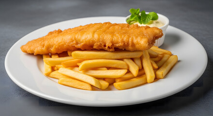 Delicious plate of fried fish and chips with tartar sauce on the side one plate transparent background