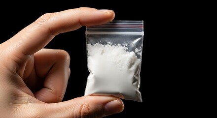 A hand holding a small plastic bag of white powder on black background