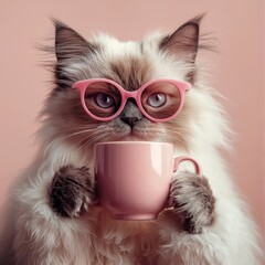 Adorable animal wearing glasses, holding mug, dressed in cozy sweater, sitting against soft background, showcasing whimsical and charming personality in playful indoor setting. atmosphere of comfort