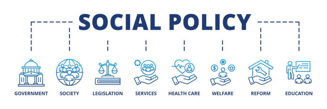 Social policy banner web icon vector illustration concept with icon of government, society, legislation, services, health care, welfare, reform, education