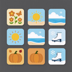 flat design, modern flat design illustration showcasing four seasons with colorful icons (spring, summer, autumn, winter) for educational purposes
