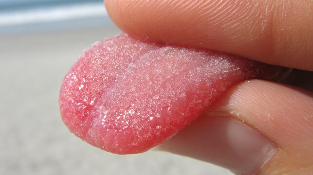 Detailed close-up of a rough textured human tongue licking a finger, showcasing intricate details and sensory interaction
