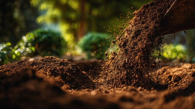 Rich dark soil being carefully turned over, exposing rich organic matter for gardening and cultivation.