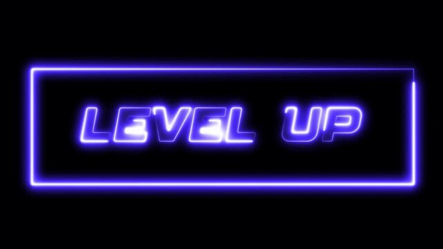 Neon open sign LEVEL UP glowing in blue color light animation