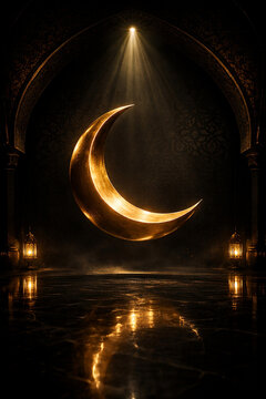 Glowing golden crescent moon inside a dark mosque interior with elegant bokeh lights