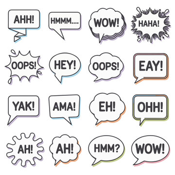 A set of colorful comic speech bubbles with various expressions and reactions