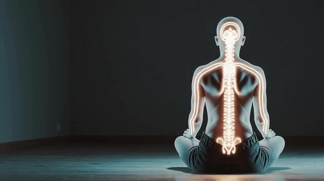 Person meditating in lotus pose with glowing anatomical spine overlay, symbolizing energy flow, mindfulness, nervous system balance, body awareness and inner alignment.