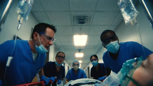 Diverse medical team in blue scrubs and safety masks rush a critical patient down a bright hospital corridor from a point of view perspective illustrating urgent emergency healthcare