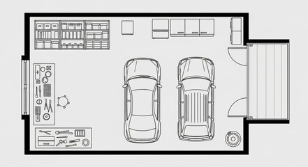 Garage floor plan with two cars, storage, and a side entrance door, detailed layout. © Tetn