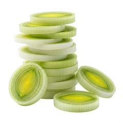 Tower of sliced leek rings with fresh cut pieces on white