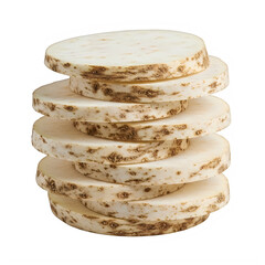 Stack of sliced celeriac root vegetable isolated on white background