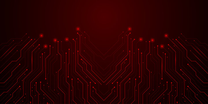 Futuristic circuit board design with neon red lines and nodes viewed from directly above showcasing technology advancements in a dark environment .eps