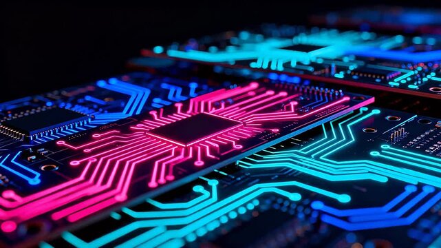 Circuit boards with glowing neon lines