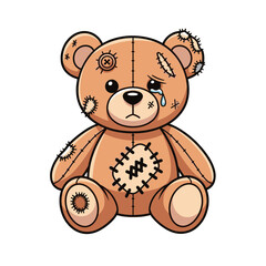 Obraz premium Colored vector of a sad patched teddy bear with tears and visible stitches, symbolizing loneliness, childhood trauma, loss, and emotional vulnerability, isolated on a transparent background