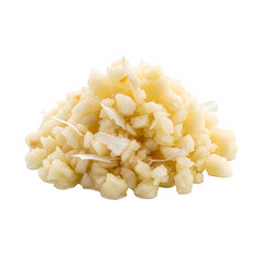 Pile of chopped fresh garlic cloves isolated on white background