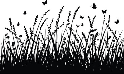 Black silhouette of tall grass stalks and fluttering butterflies against a white background, evoking a peaceful meadow scene © MdMoktar