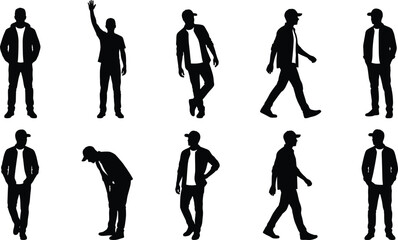Fototapeta premium Man, silhouette, set, vector, person, people, walking, standing, posing, male, collection, casual, guy, youth, lifestyle, jacket, cap, fashion, gesture, isolated, black, flat, illustration