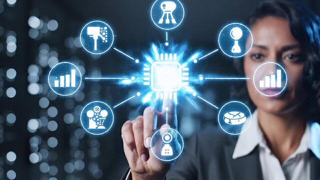 Close-up of a suited professional extending a finger to touch a glowing digital interface with connected data icons surrounding a central processor symbol, slow cinematic push-in with subtle parallax 