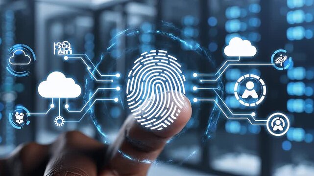 Close-up of a thumb extended toward the camera with a glowing fingerprint icon highlighted at the center and connected to cloud and analytics symbols, subtle hand stabilization with slow push-in, cool