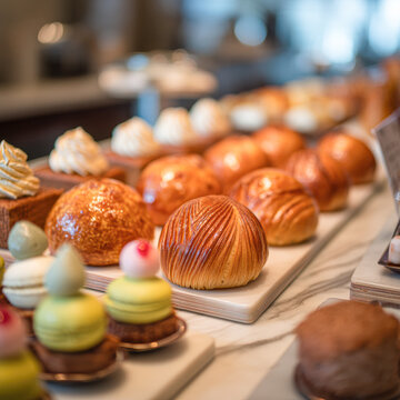 An assortment of delicately crafted pastries and desserts displayed on a marble countertop in a bakery or patisserie.