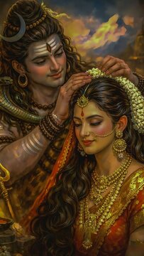 Lord Shiva Placing Flowers in Goddess Parvati Hair, Divine Love and Sacred Shiva Shakti Union