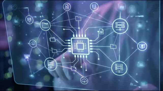 Person interacting with a virtual network interface showing connected icons around a central microchip symbol, dark background with glowing elements and shallow depth of field, slow cinematic push-in 