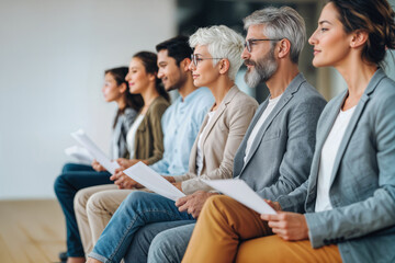 Professional Candidates Waiting for Job Interview with Focused Expressions in Modern Office