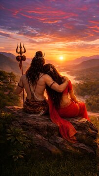 Lord Shiva and Goddess Parvati Watching Sunset Landscape Together, Divine Love