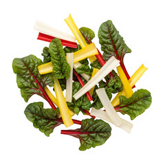 Vibrant Rainbow Swiss Chard Leaves and Stems in Red, Yellow, and White Varieties, Piled for Healthy Cooking, Isolated on a Pure White Background.