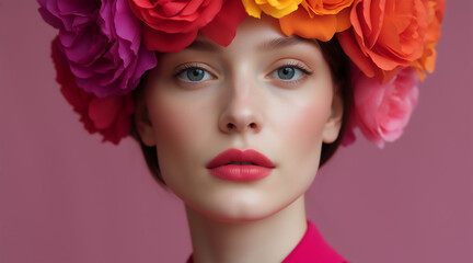 Naklejka premium Panoramic portrait of a woman with a floral wreath. Spring beauty concept