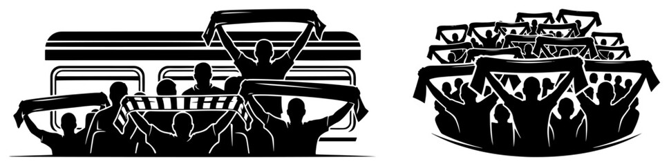 Set of soccer fan silhouettes cheering with scarves on a train and in the stadium © Mago