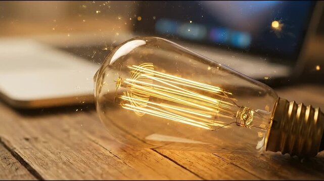 Close-up of a lit light bulb resting on a wooden desk next to a blurred laptop in the background, warm ambient lighting with floating spark particles and slow cinematic push-in in realistic modern wor