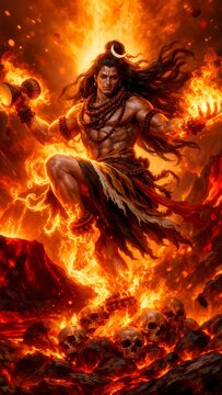 Lord Shiva Performing Cosmic Tandava Dance in Fire, Powerful Mahadev Destroyer Form