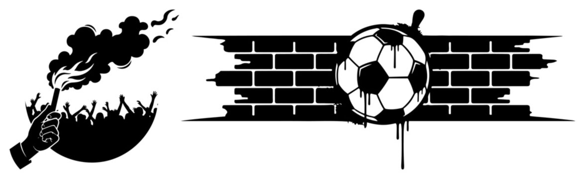 Soccer fan holding a burning flare and football ball graffiti on brick wall background