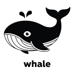 Naklejka premium Black and white cartoon whale illustration with water splashes simple animal design icon