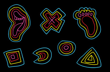 Fototapeta premium Artistic bright vector doodles of abstract shapes and figures, inspired by pop art. Mouth with tongue on the side, cross, footprint, moon, circle, triangle. Colorful, fun illustrations 