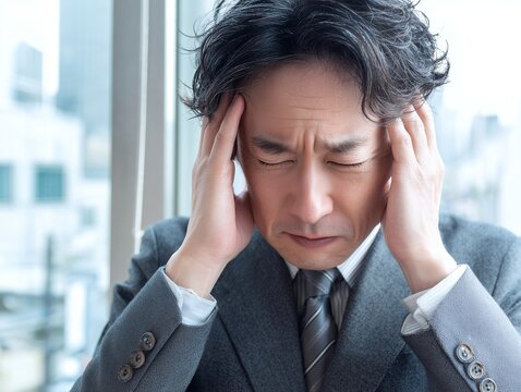 頭痛や仕事のストレスで頭を抱えて悩み苦悶の表情を浮かべるスーツ姿のビジネスマン