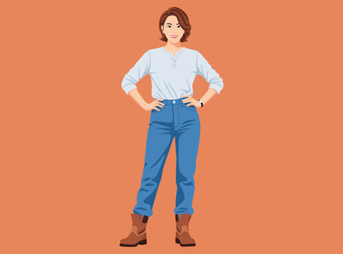 confident young woman with short brown hair, wearing a white shirt, blue jeans, and brown boots, standing with hands on hips