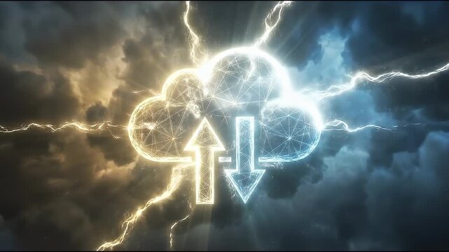 Cinematic view of glowing cloud icon with upward and downward arrows embedded in dark dramatic clouds, high contrast lighting with slow push-in emphasizing data transfer in realistic cloud technology 