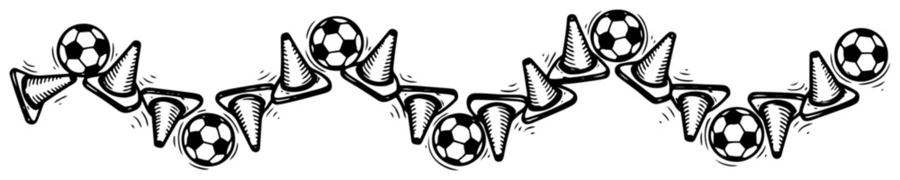 Sports training banner pattern with hand drawn soccer balls and cones in black and white