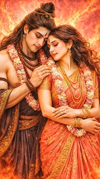 Lord Shiva Hugging Goddess Parvati from Behind, Divine Love and Sacred Shiva Shakti Union