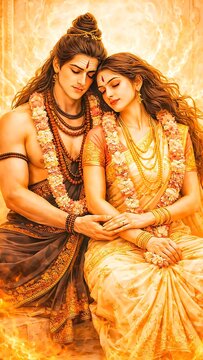 Lord Shiva and Goddess Parvati Sitting Together in Divine Love, Sacred Shiva Shakti Spiritual Art