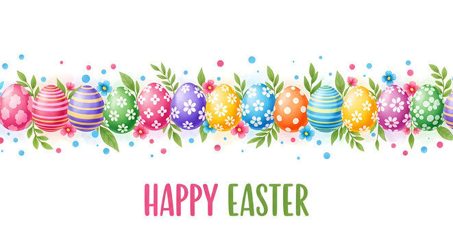 Vibrant Easter egg border with colorful floral accents and a cheerful 'Happy Easter' message, ideal for spring designs and festive seasonal artwork.