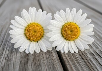 Obraz premium Two white daisies with yellow centers on a weathered wooden surface