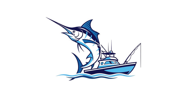 Spectacular image of a marlin leaping from the ocean near a fishing boat.