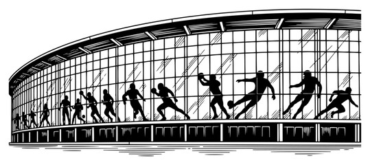 Modern stadium building facade with silhouettes of soccer players in action © Mago