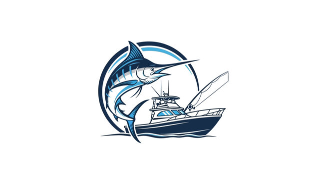 Spectacular fishing boat logo featuring a marlin leaping from the ocean waves.