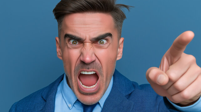 Close-up of angry businessman in blue suit shouting and pointing his finger at camera, aggressive boss and workplace conflict concept