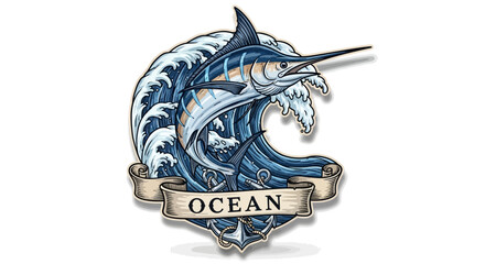 Ocean emblem featuring a marlin leaping from a cresting wave nautical design.