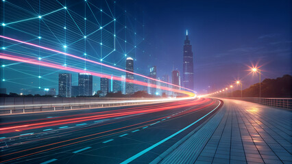 Panoramic abstract technology background with fast light trails and digital grid. Represents high-speed networks and futuristic motion. Great for tech startups or events. 